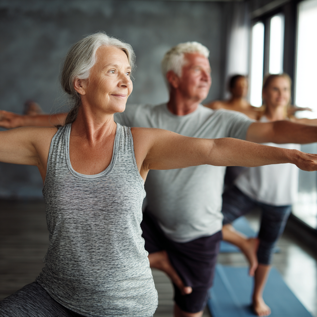 Experienced yoga instructor guiding senior adults in gentle stretching practice