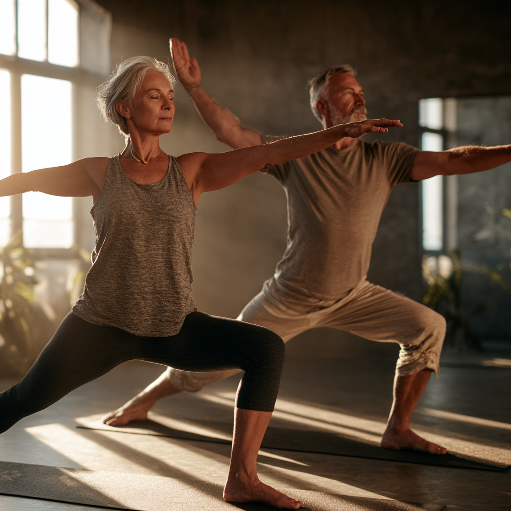 Mature man and woman practicing yoga together in sunlit studio space