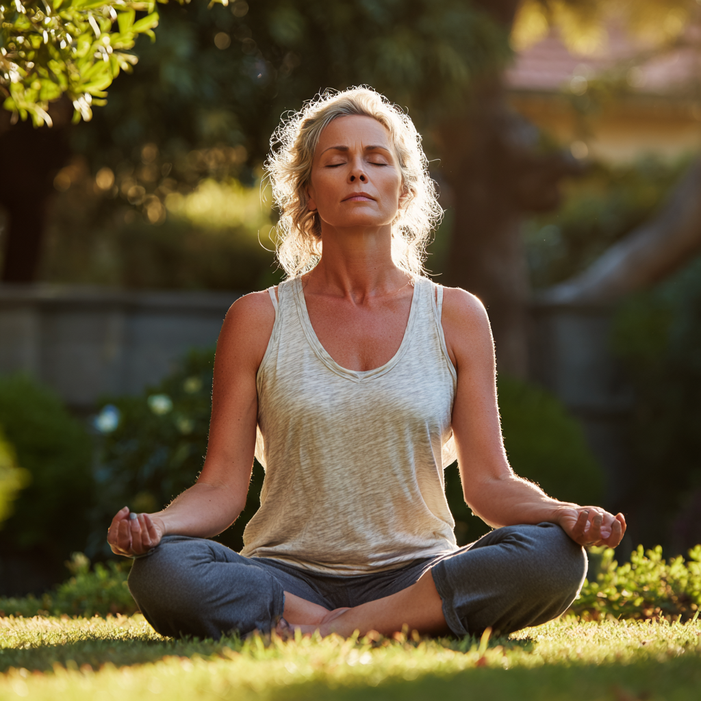 Woman in her fifties practicing yoga poses in peaceful garden setting